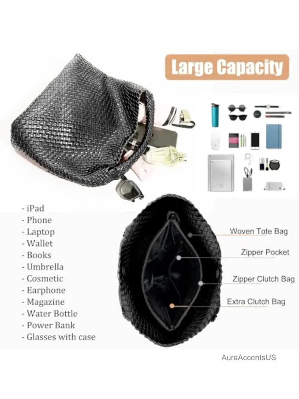 Handwoven Vegan Leather Tote Bag with Clutch Purse Set